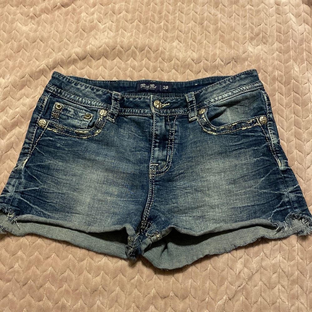 Miss Me, mid-rise denim, leopard print sequin distressed pockets, diamond detail